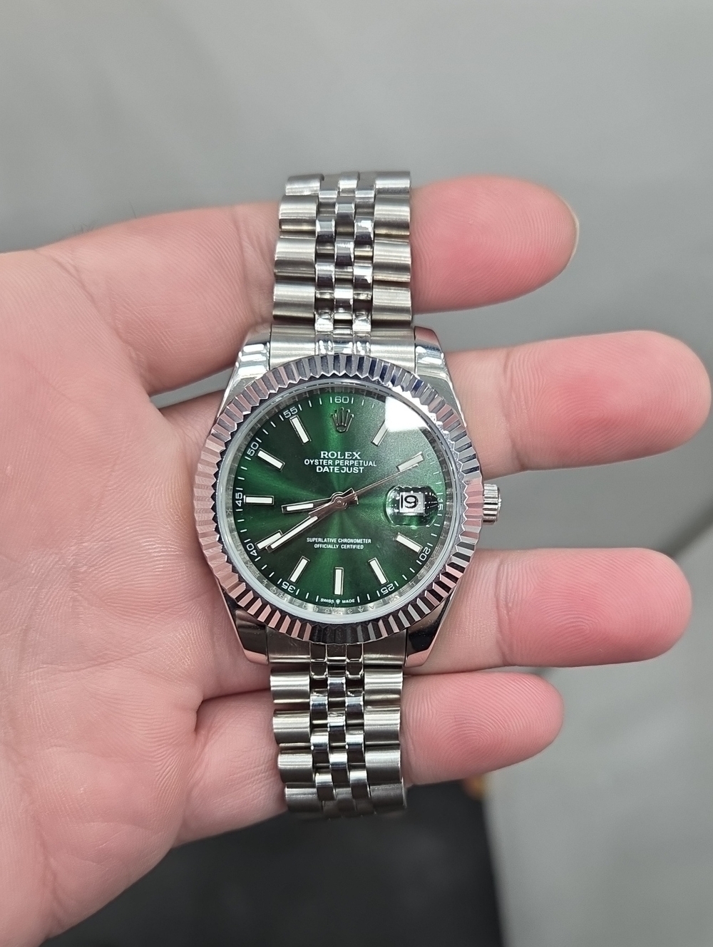 Rolex Datejust Silver Bracelet with Green Dial